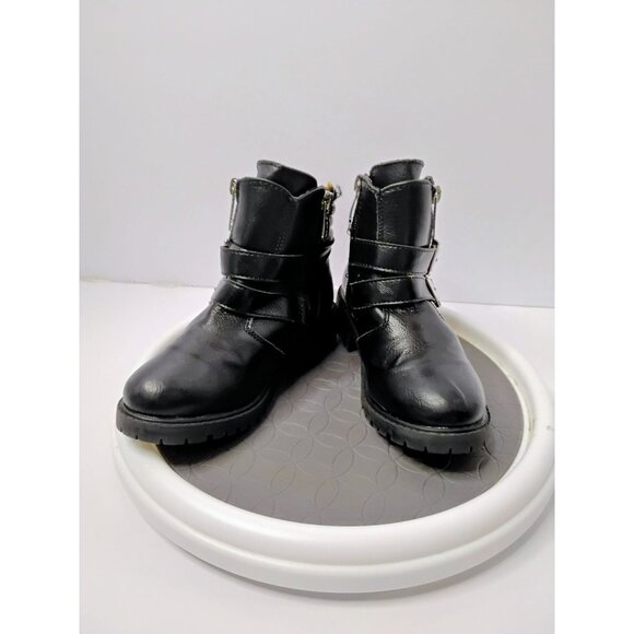 Black Faux Leather Ankle Boots With Double Buckle & Side Zipper Design Size 12 R - Picture 2 of 7